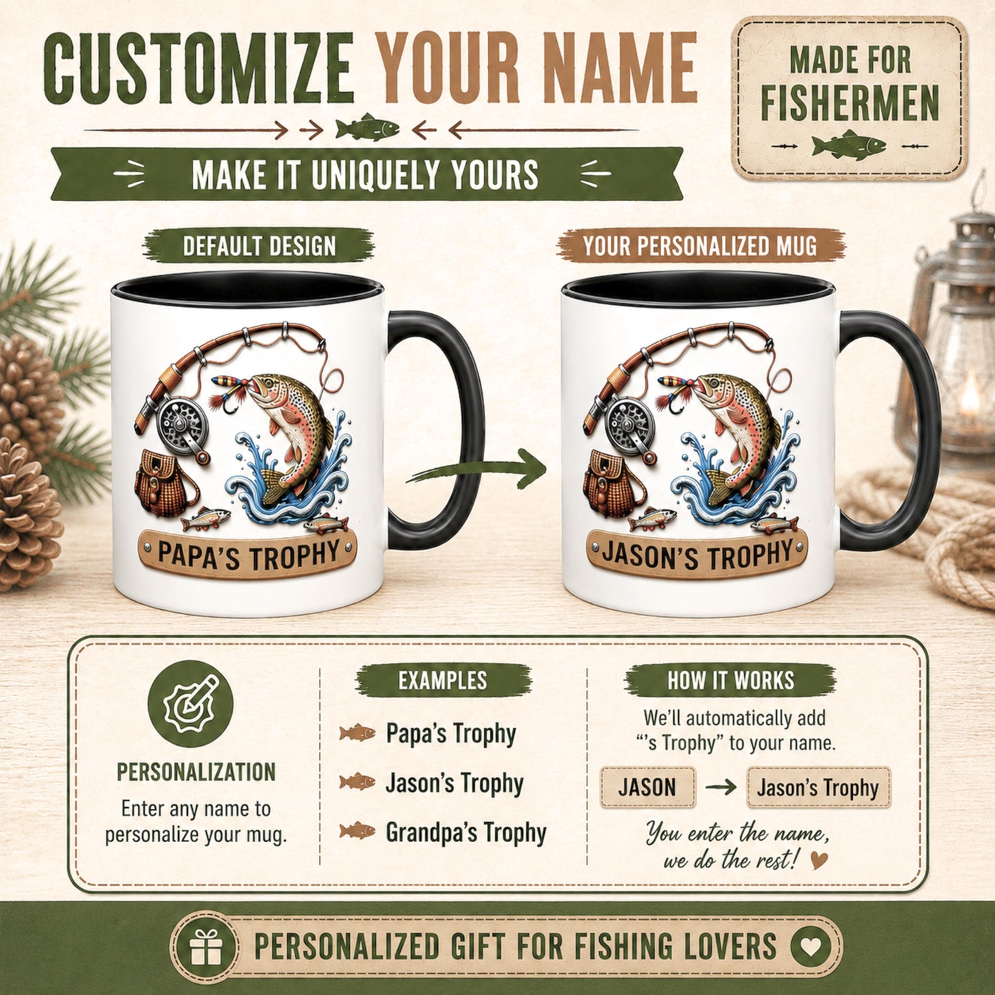Fishing Mug for Dad, Fishing Lover Gift for Dad Coffee Mug Personalized Papa's Trophy Dad Husband, Camping and Hiking Outdoors Gifts