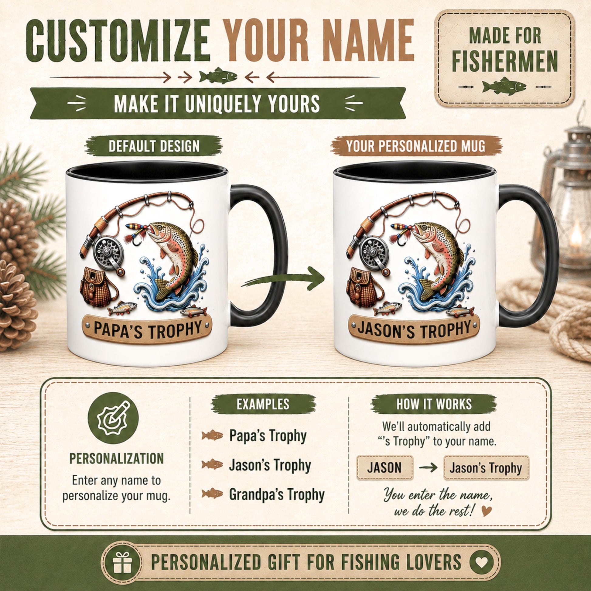 Fishing Mug for Dad, Fishing Lover Gift for Dad Coffee Mug Personalized Papa's Trophy Dad Husband, Camping and Hiking Outdoors Gifts