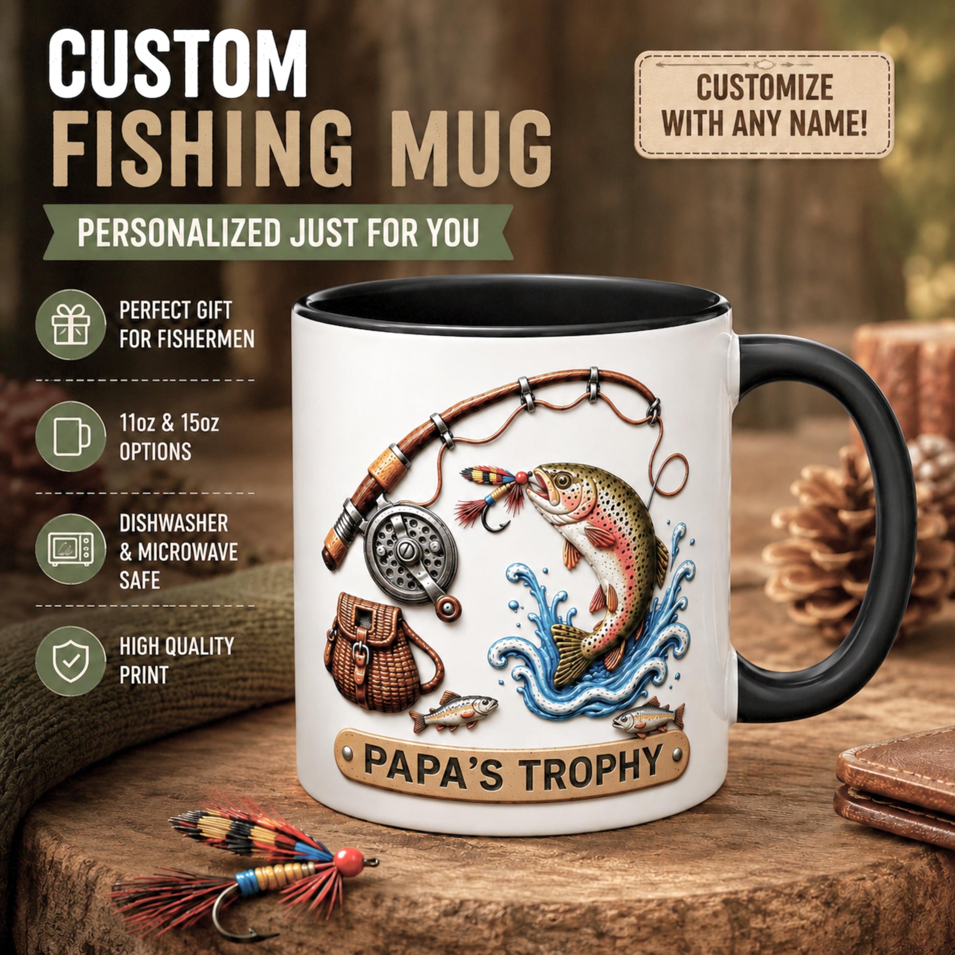Fishing Mug for Dad, Fishing Lover Gift for Dad Coffee Mug Personalized Papa's Trophy Dad Husband, Camping and Hiking Outdoors Gifts