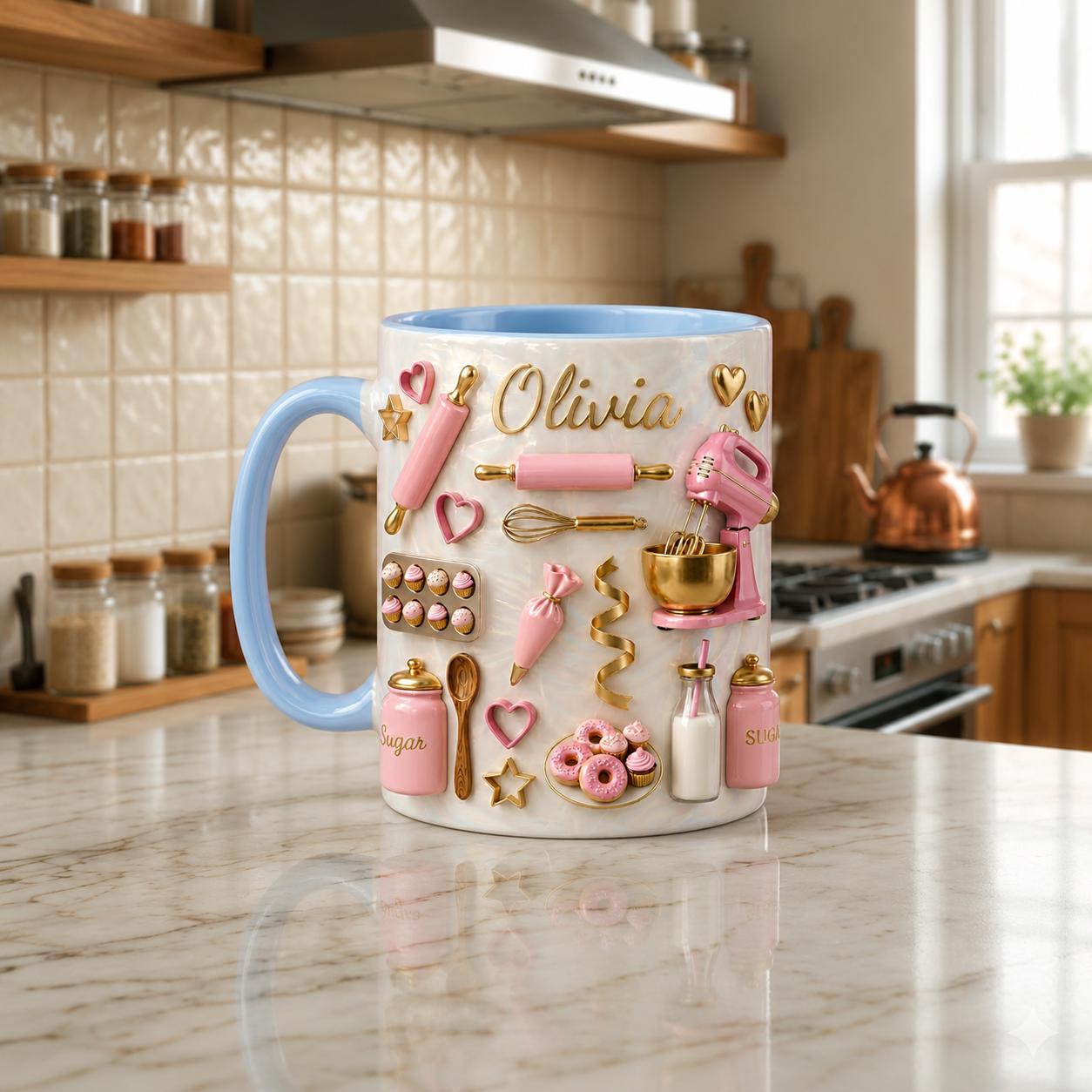 Personalized Baking Mug, Custom Baker Gift, Bakery Theme Coffee Cup, Mom Kitchen Decor