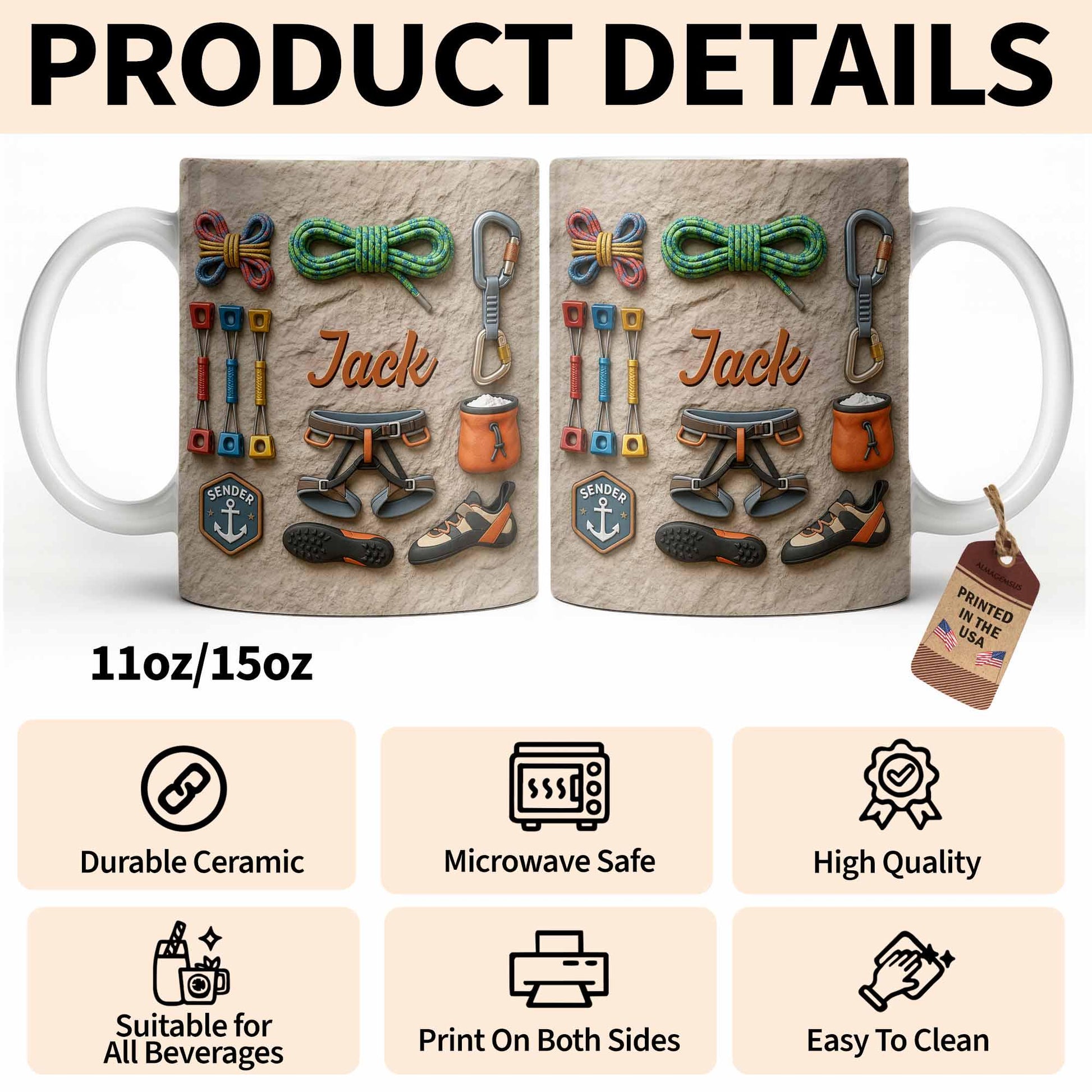 Custom Rock Climber Ceramic Coffe Mug ,Father's Day Gift For Dad From Daughter, 3D Effect Cup ,Birthday Christmas Utility Adventure Gift