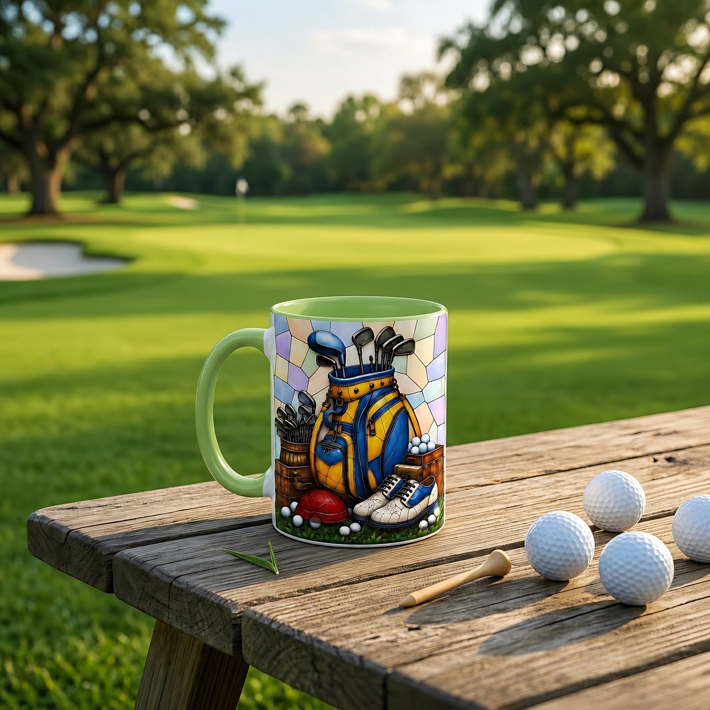 Personalized Golf Bag Ceramic Mug, Stained Glass Design, Golfer Gift