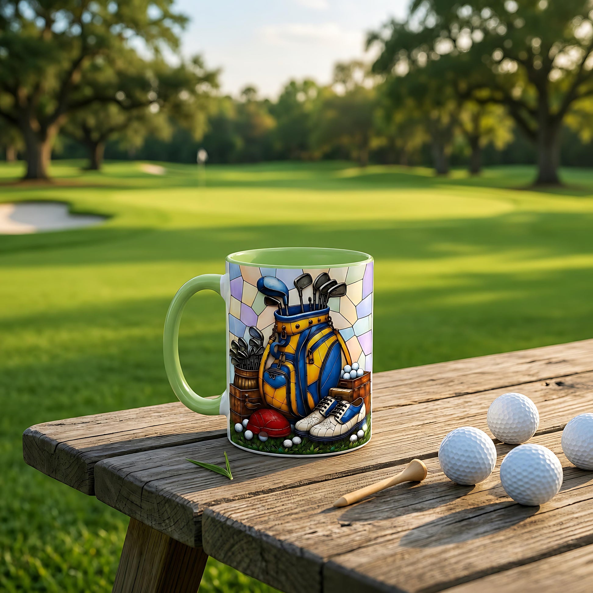 Personalized Golf Bag Ceramic Mug, Stained Glass Design, Golfer Gift