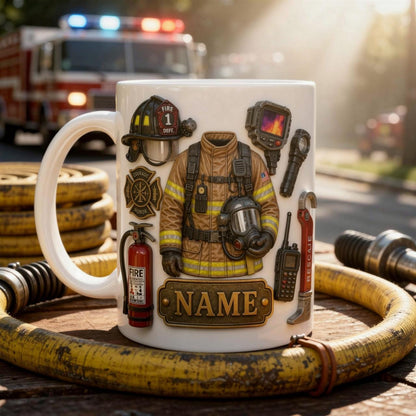 Personalized Firefighter Mug, Custom Name Ceramic Coffee Cup, Fire Gear Design
