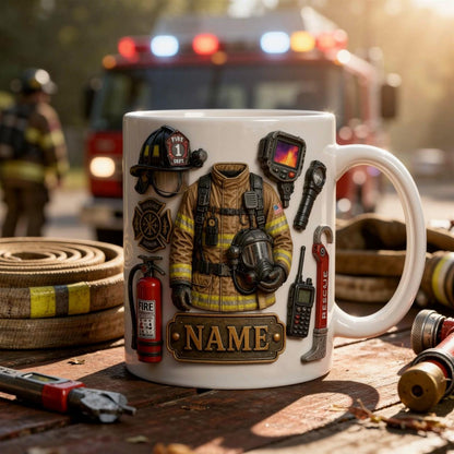 Personalized Firefighter Mug, Custom Name Ceramic Coffee Cup, Fire Gear Design