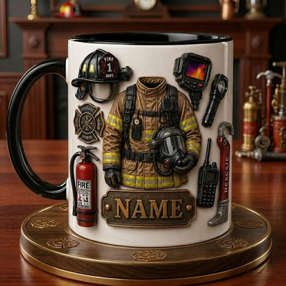 Personalized Firefighter Mug, Custom Name Ceramic Coffee Cup, Fire Gear Design