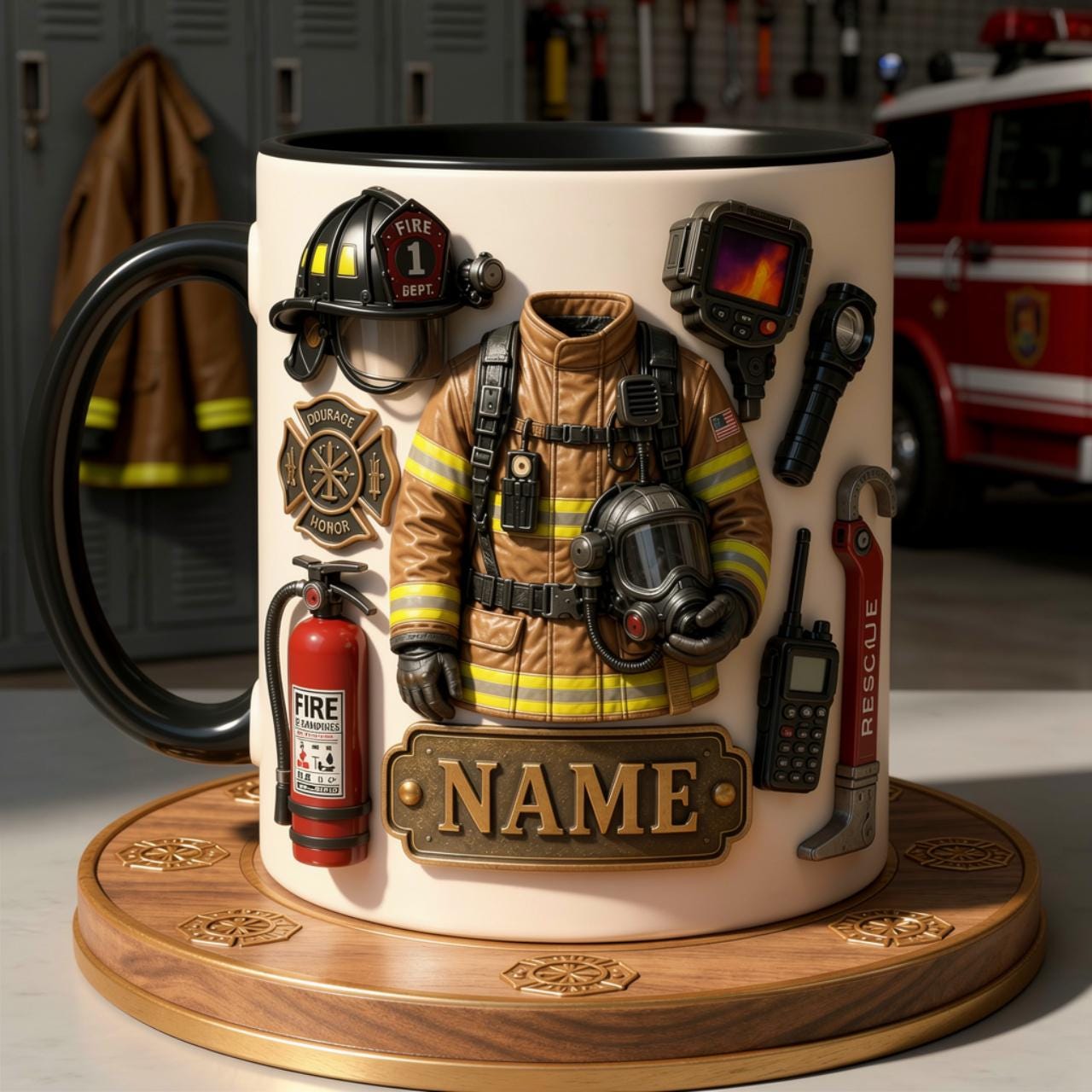 Personalized Firefighter Mug, Custom Name Ceramic Coffee Cup, Fire Gear Design