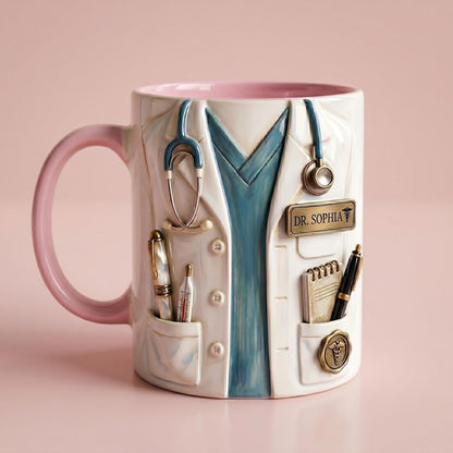 Personalized Doctor Mug, Custom Name Medical Coffee Cup, Faux 3D Stethoscope Design