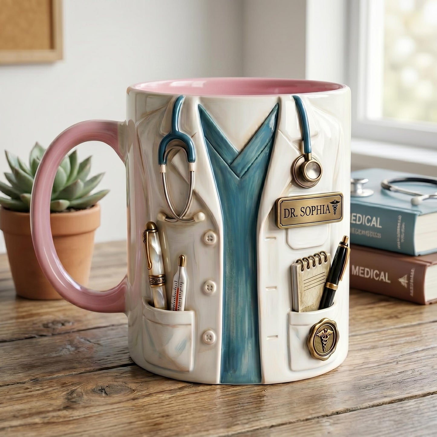 Personalized Doctor Mug, Custom Name Medical Coffee Cup, Faux 3D Stethoscope Design