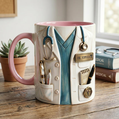 Personalized Doctor Mug, Custom Name Medical Coffee Cup, Faux 3D Stethoscope Design