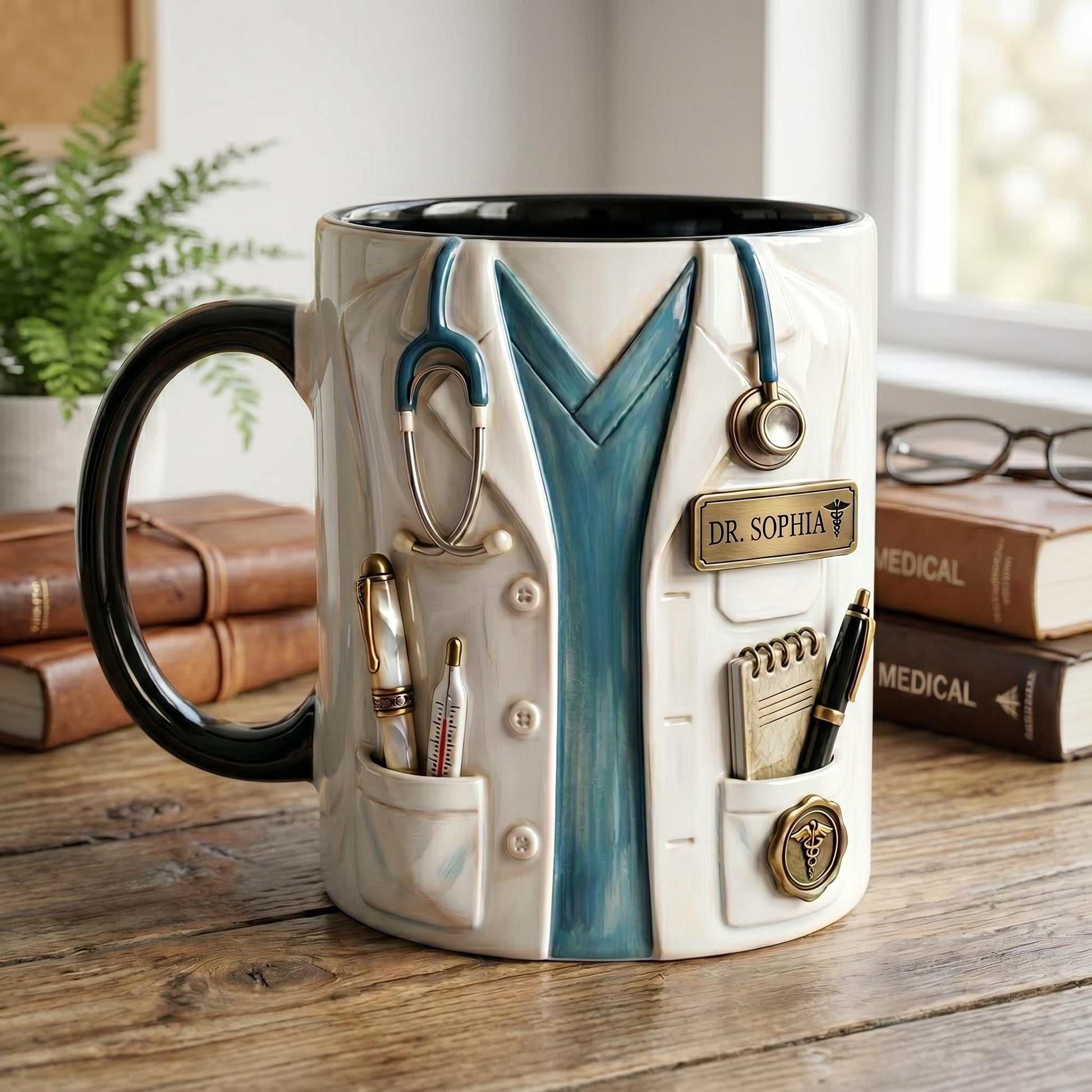 Personalized Doctor Mug, Custom Name Medical Coffee Cup, Faux 3D Stethoscope Design