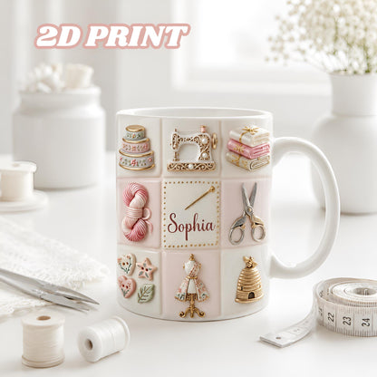 Personalized Quilting Ceramic Cup, Seamstress Tailor Hobby Gifts, 2D Print 3D Effect Mug For Her, GIFT 2026, Custom Sewing Coffee Mug