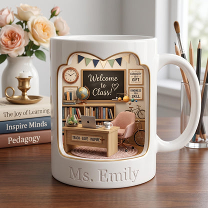 Custom Teacher Diorama Mug, 3D Effect Classroom Miniature Gift, Personalized Welcome To Class Cup, Cute End Of Year Teacher Appreciation