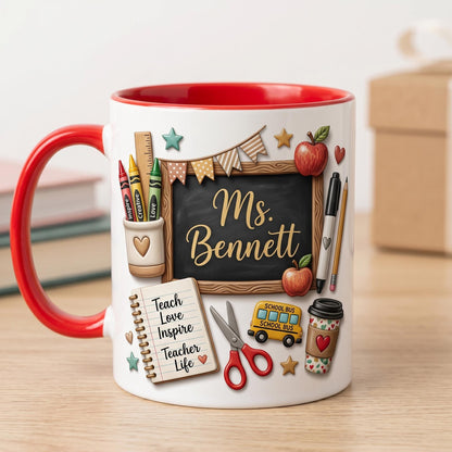 Custom Teacher Appreciation Mug, Personalized Back To School Gift, 3D Effect Teach Love Inspire Cup, Cute End Of Year School Bus Coffee Mug