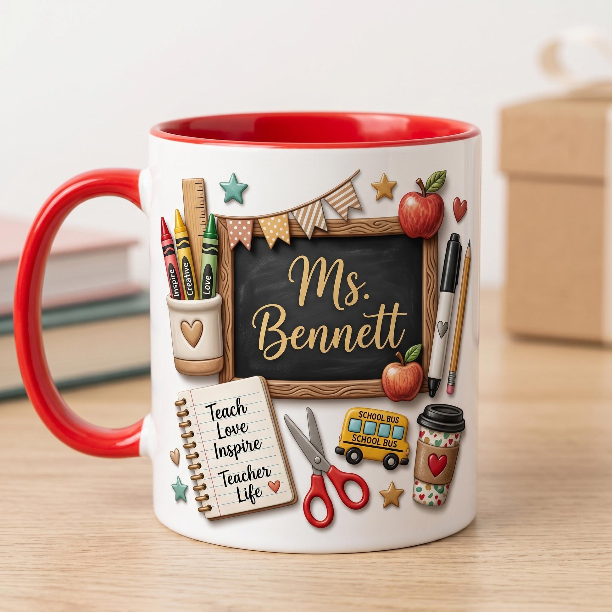 Custom Teacher Appreciation Mug, Personalized Back To School Gift, 3D Effect Teach Love Inspire Cup, Cute End Of Year School Bus Coffee Mug