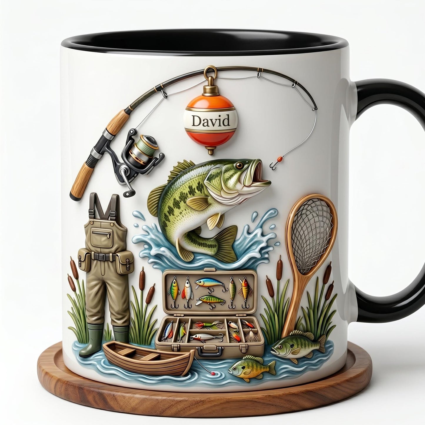 Custom Fishing Dad Mug, Personalized Bass Angler Gift, 3D Effect Tackle Box Fisherman Coffee Cup, Unique Fishing Rod Bobber Name Present