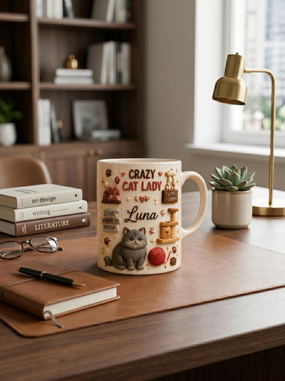 Personalized 3D Effect Crazy Cat Lady Mug, Custom Name Luna Cat Lover Coffee Cup, Faux 3D Inflated British Shorthair Gift, Cute Cat Mom Mug