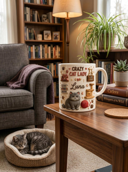Personalized 3D Effect Crazy Cat Lady Mug, Custom Name Luna Cat Lover Coffee Cup, Faux 3D Inflated British Shorthair Gift, Cute Cat Mom Mug