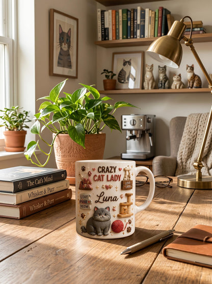 Personalized 3D Effect Crazy Cat Lady Mug, Custom Name Luna Cat Lover Coffee Cup, Faux 3D Inflated British Shorthair Gift, Cute Cat Mom Mug