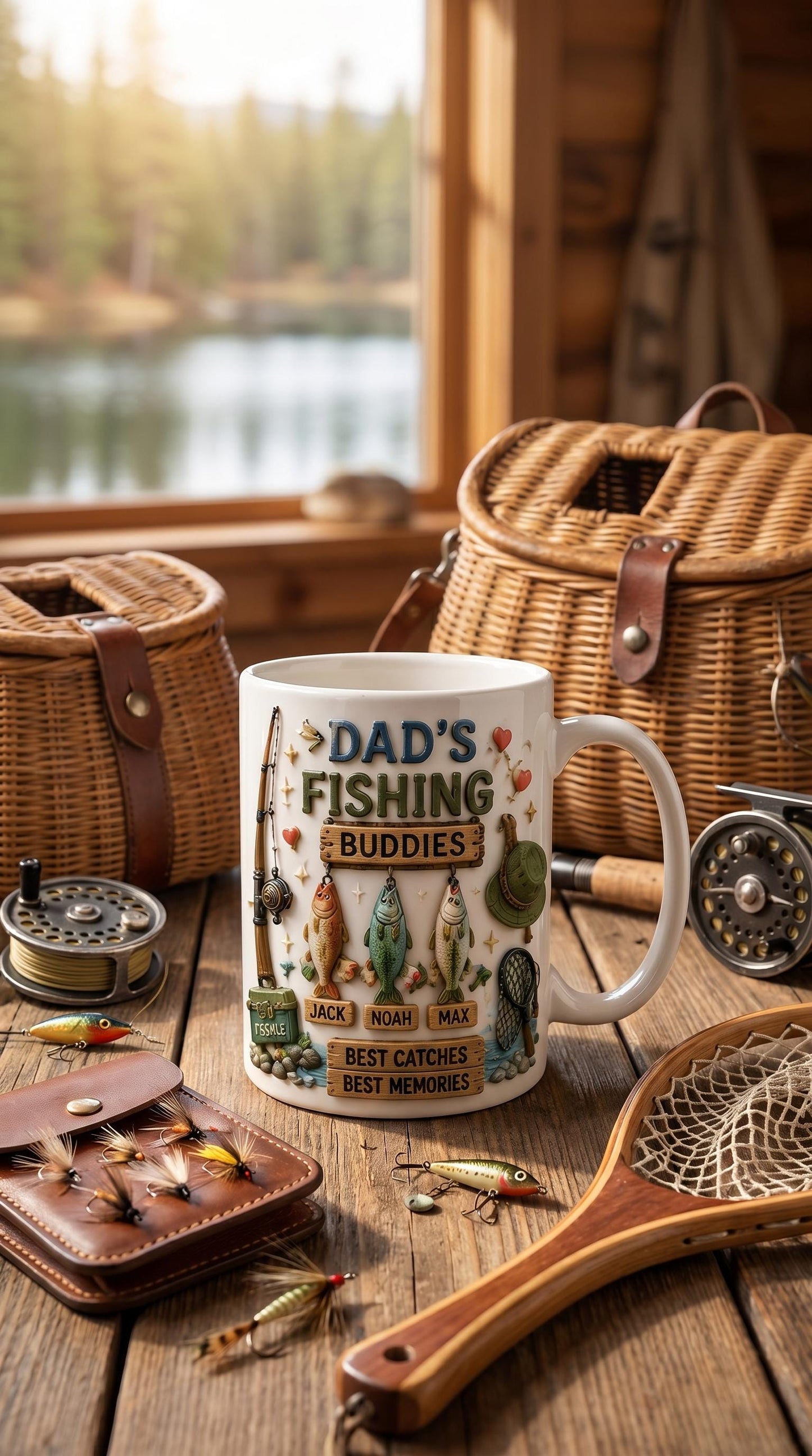 Custom 3D Effect Fishing Dad Mug, Personalized Kids Name Coffee Cup, Faux 3D Inflated Dad's Fishing Buddies Gift, Reel Cool Grandpa Gift