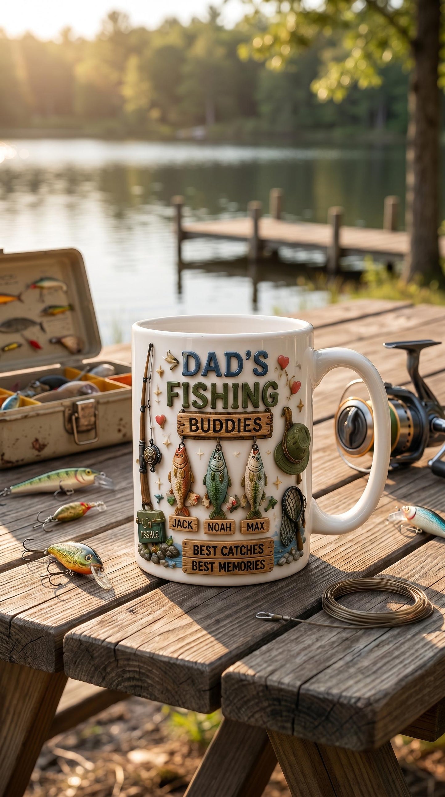 Custom 3D Effect Fishing Dad Mug, Personalized Kids Name Coffee Cup, Faux 3D Inflated Dad's Fishing Buddies Gift, Reel Cool Grandpa Gift
