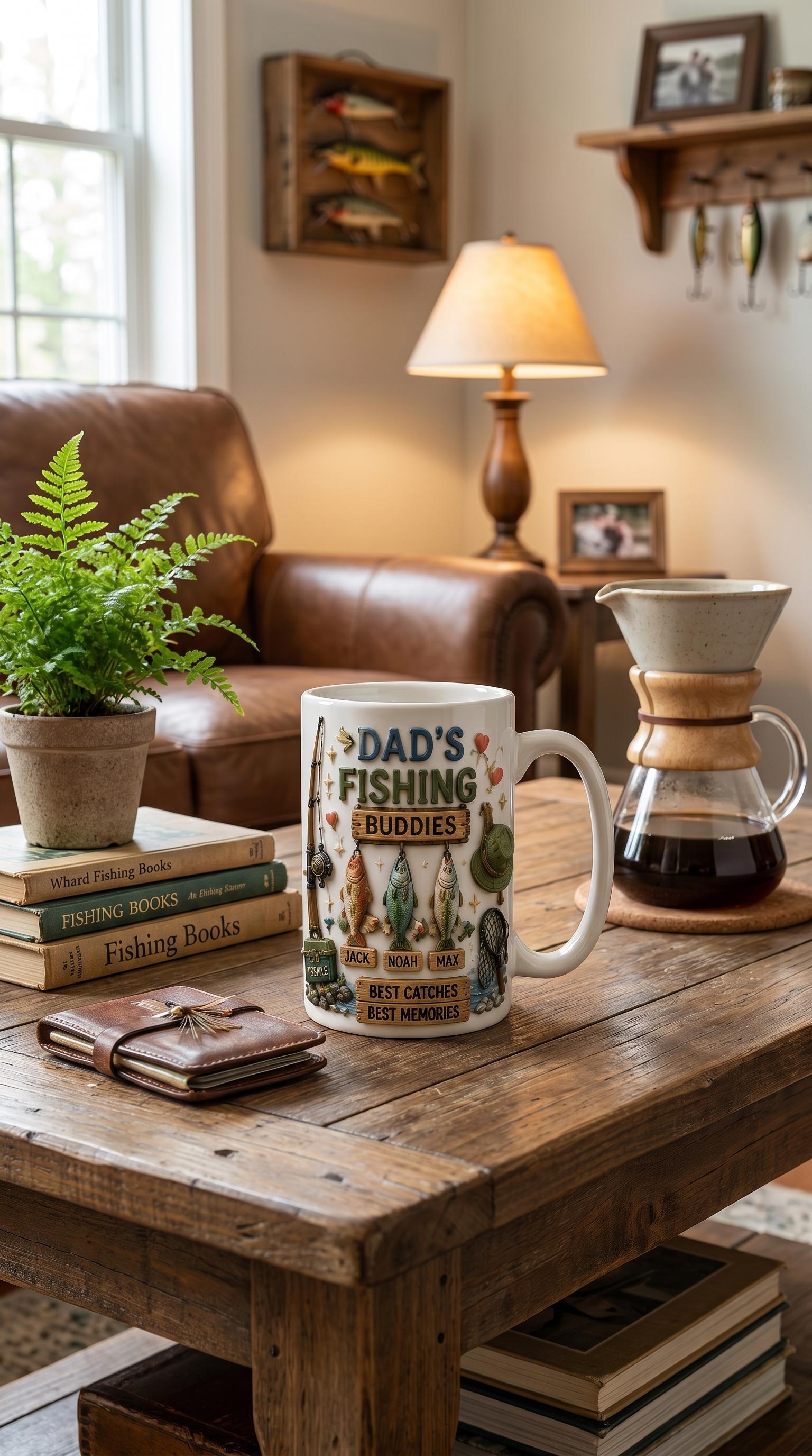 Custom 3D Effect Fishing Dad Mug, Personalized Kids Name Coffee Cup, Faux 3D Inflated Dad's Fishing Buddies Gift, Reel Cool Grandpa Gift