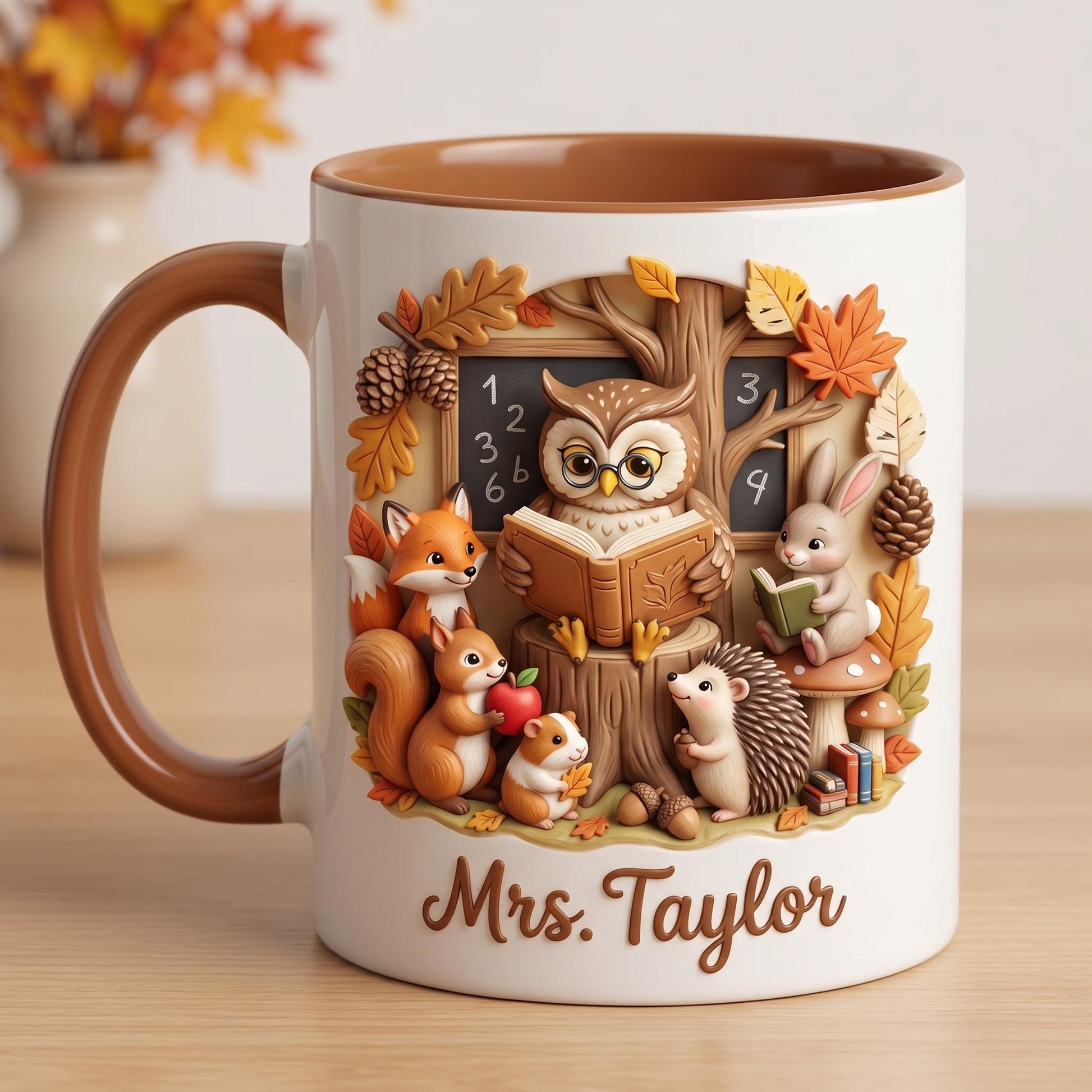 Custom Woodland Teacher Mug, Personalized Autumn Storytime Gift, 3D Effect Cute Forest Animals Coffee Cup, Back To School Owl Library Mug