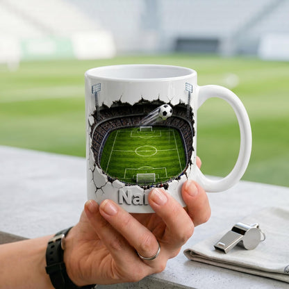 Personalized Soccer Field Mug, Custom Name Football Player Coffee Mug, 3D Ripped Stadium Mug, Sports Fan Coach Mug, Fathers Day Gift