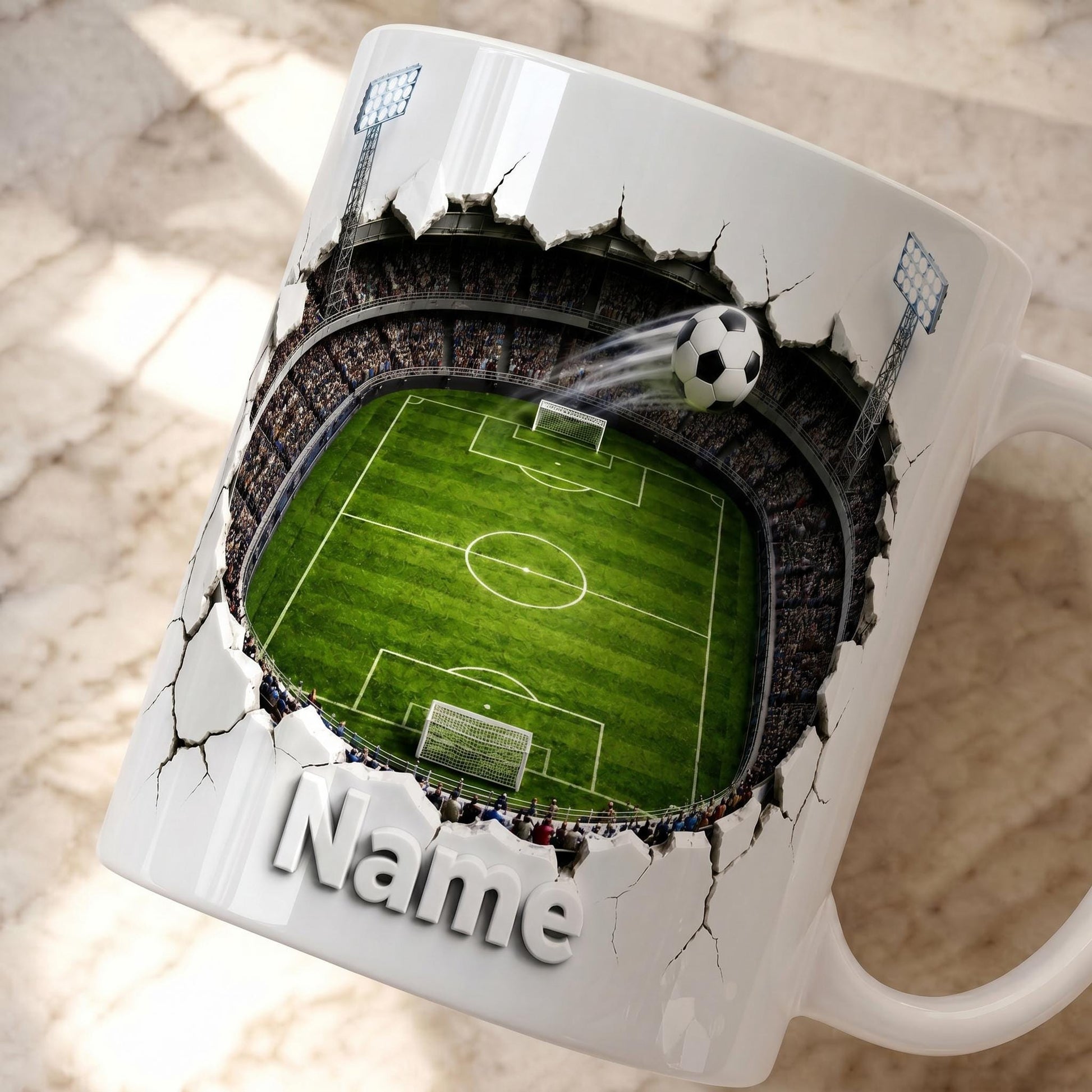Personalized Soccer Field Mug, Custom Name Football Player Coffee Mug, 3D Ripped Stadium Mug, Sports Fan Coach Mug, Fathers Day Gift