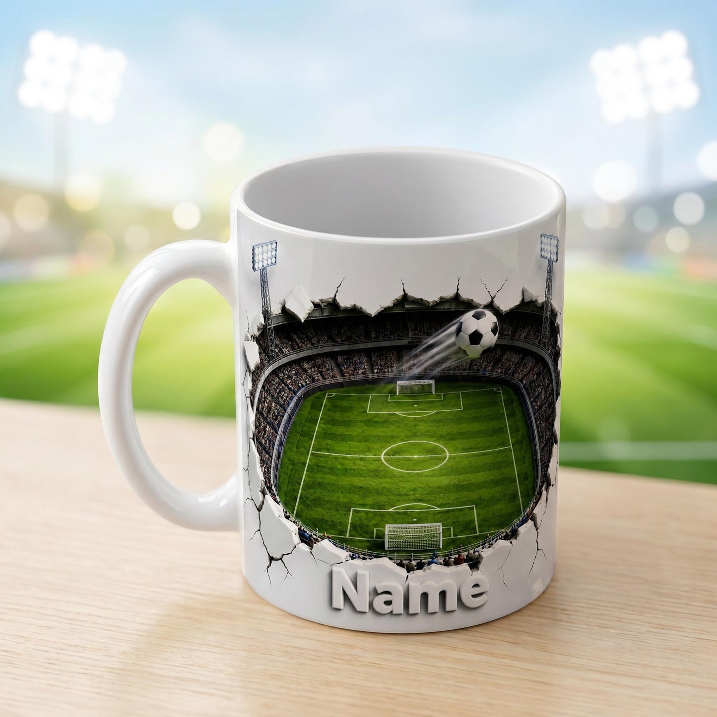 Personalized Soccer Field Mug, Custom Name Football Player Coffee Mug, 3D Ripped Stadium Mug, Sports Fan Coach Mug, Fathers Day Gift