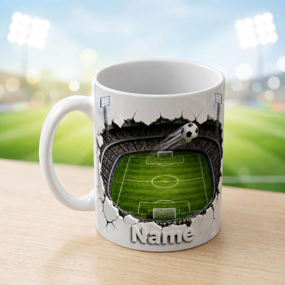 Personalized Soccer Field Mug, Custom Name Football Player Coffee Mug, 3D Ripped Stadium Mug, Sports Fan Coach Mug, Fathers Day Gift