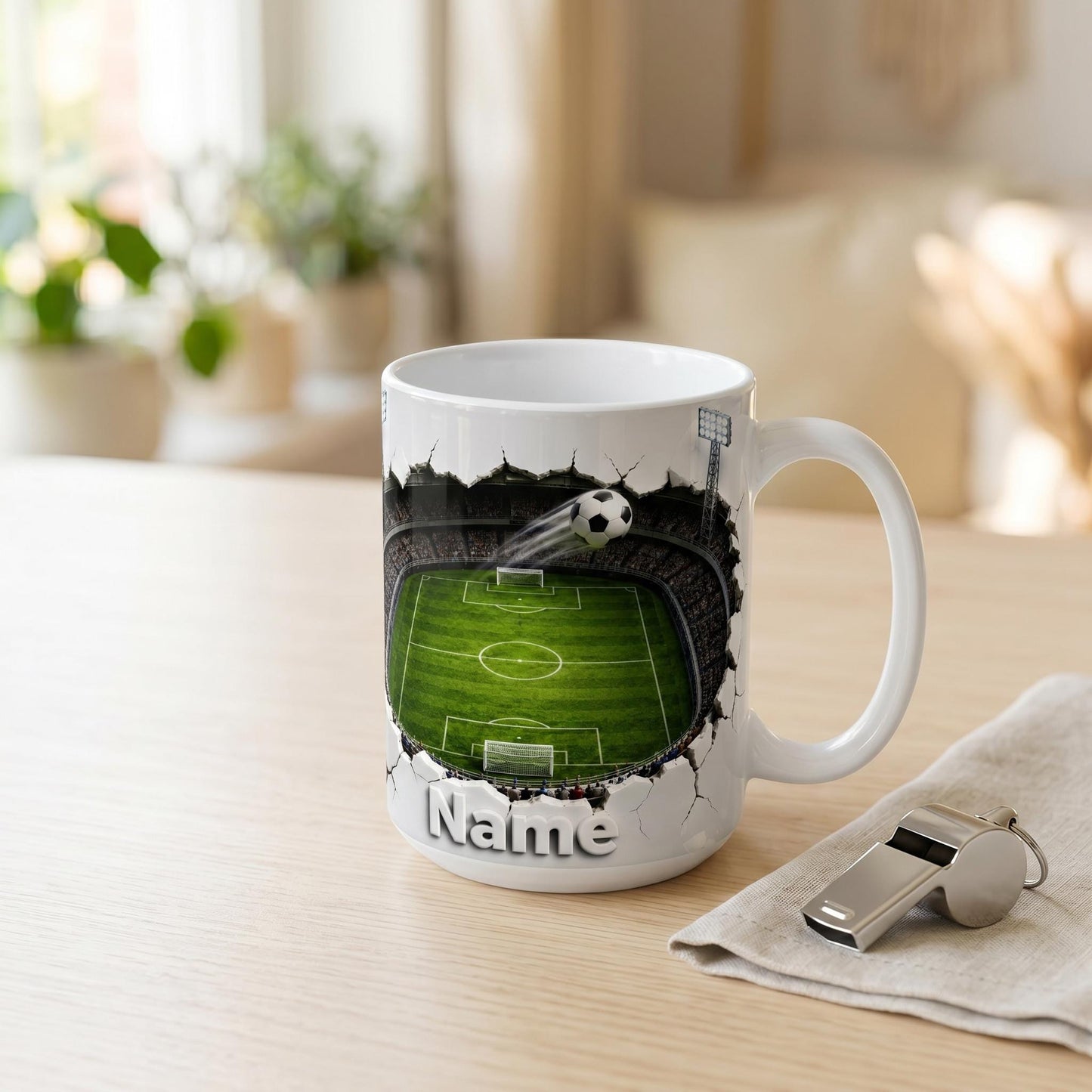 Personalized Soccer Field Mug, Custom Name Football Player Coffee Mug, 3D Ripped Stadium Mug, Sports Fan Coach Mug, Fathers Day Gift