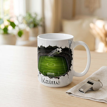 Personalized Soccer Field Mug, Custom Name Football Player Coffee Mug, 3D Ripped Stadium Mug, Sports Fan Coach Mug, Fathers Day Gift