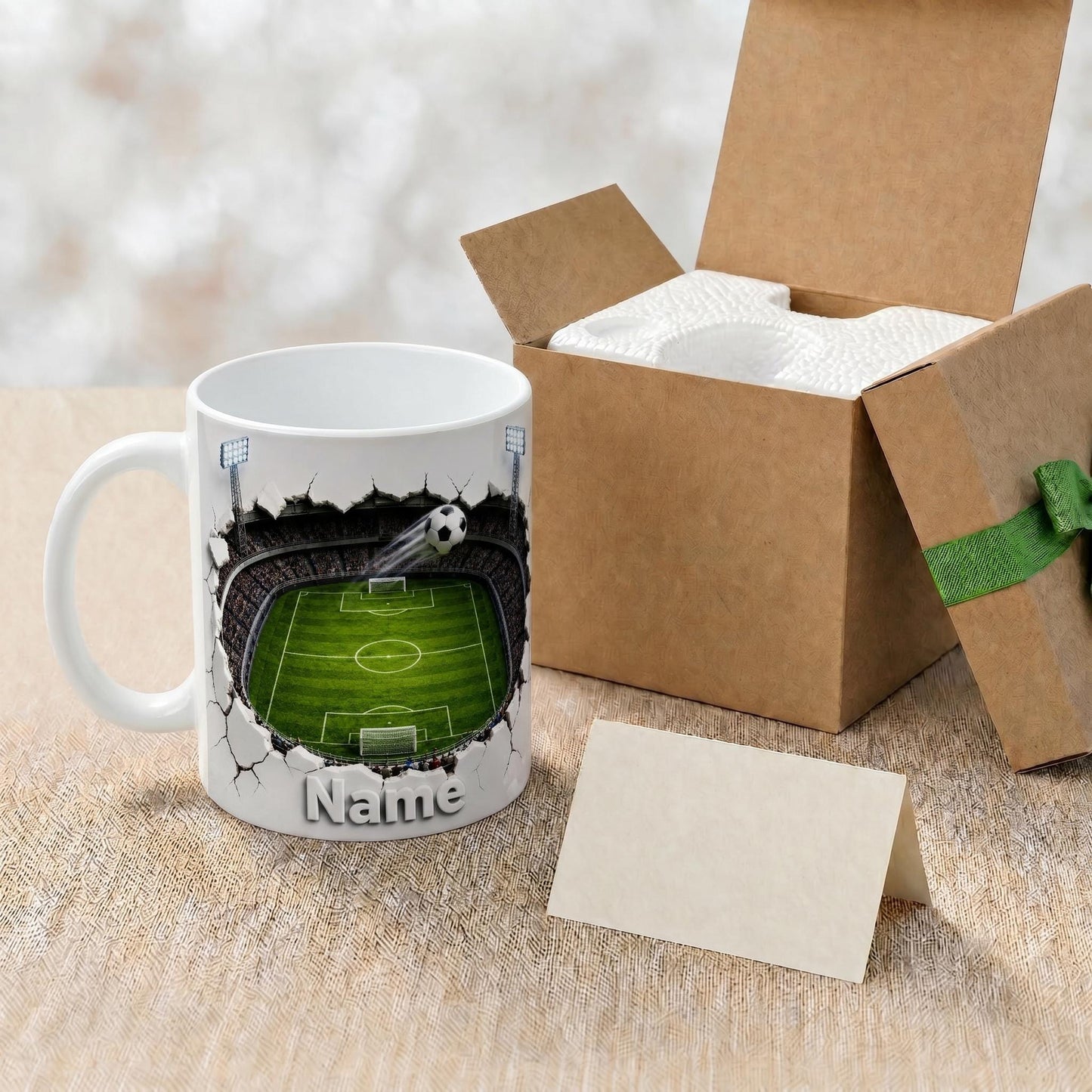 Personalized Soccer Field Mug, Custom Name Football Player Coffee Mug, 3D Ripped Stadium Mug, Sports Fan Coach Mug, Fathers Day Gift