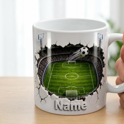 Personalized Soccer Field Mug, Custom Name Football Player Coffee Mug, 3D Ripped Stadium Mug, Sports Fan Coach Mug, Fathers Day Gift