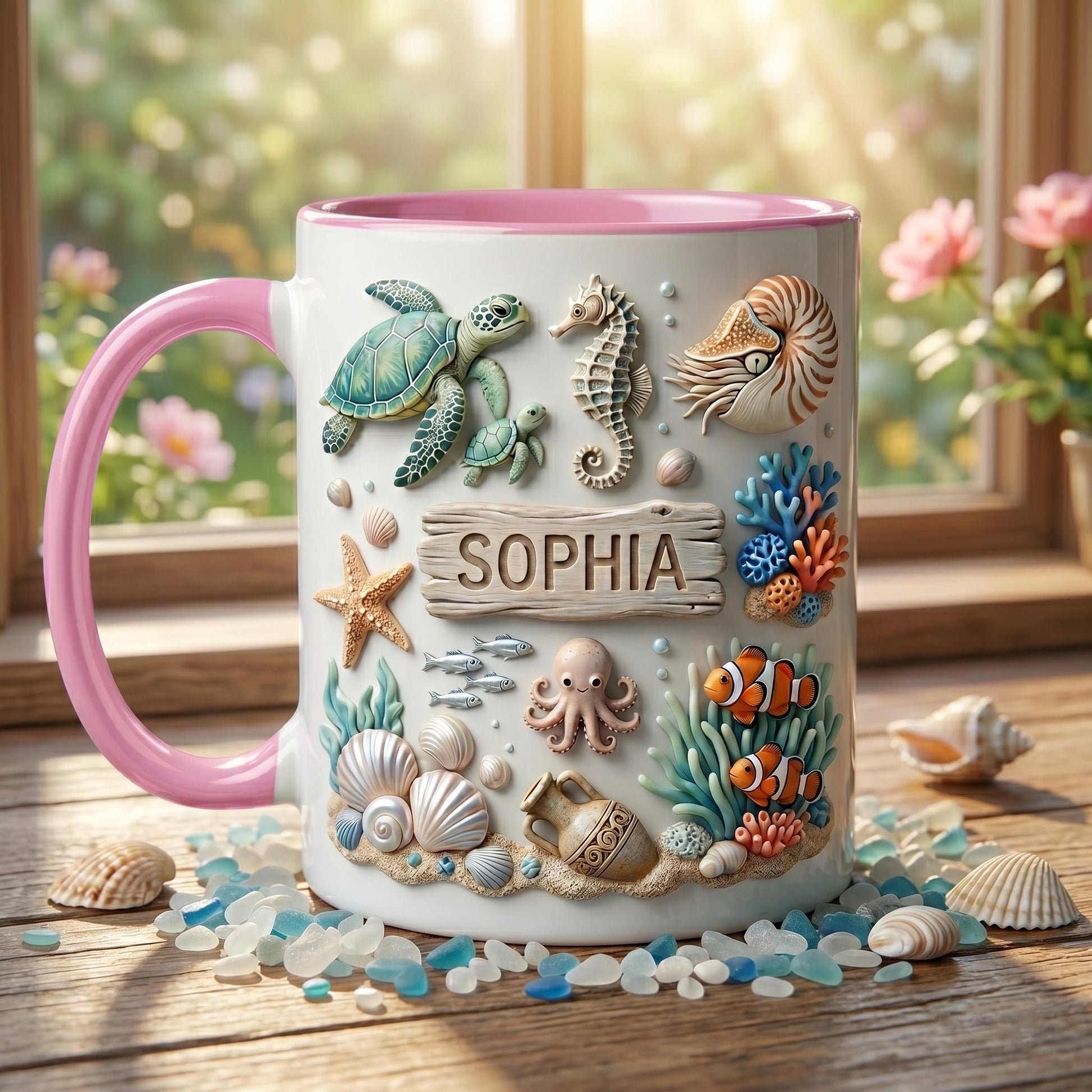 Custom Sophia Name Mug Personalized Sea Life Coffee Cup 3D Beach Theme Ceramic Mug Ocean Lover Birthday Gift Coastal Sea Shell Mug