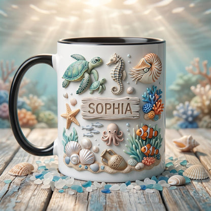 Custom Sophia Name Mug Personalized Sea Life Coffee Cup 3D Beach Theme Ceramic Mug Ocean Lover Birthday Gift Coastal Sea Shell Mug