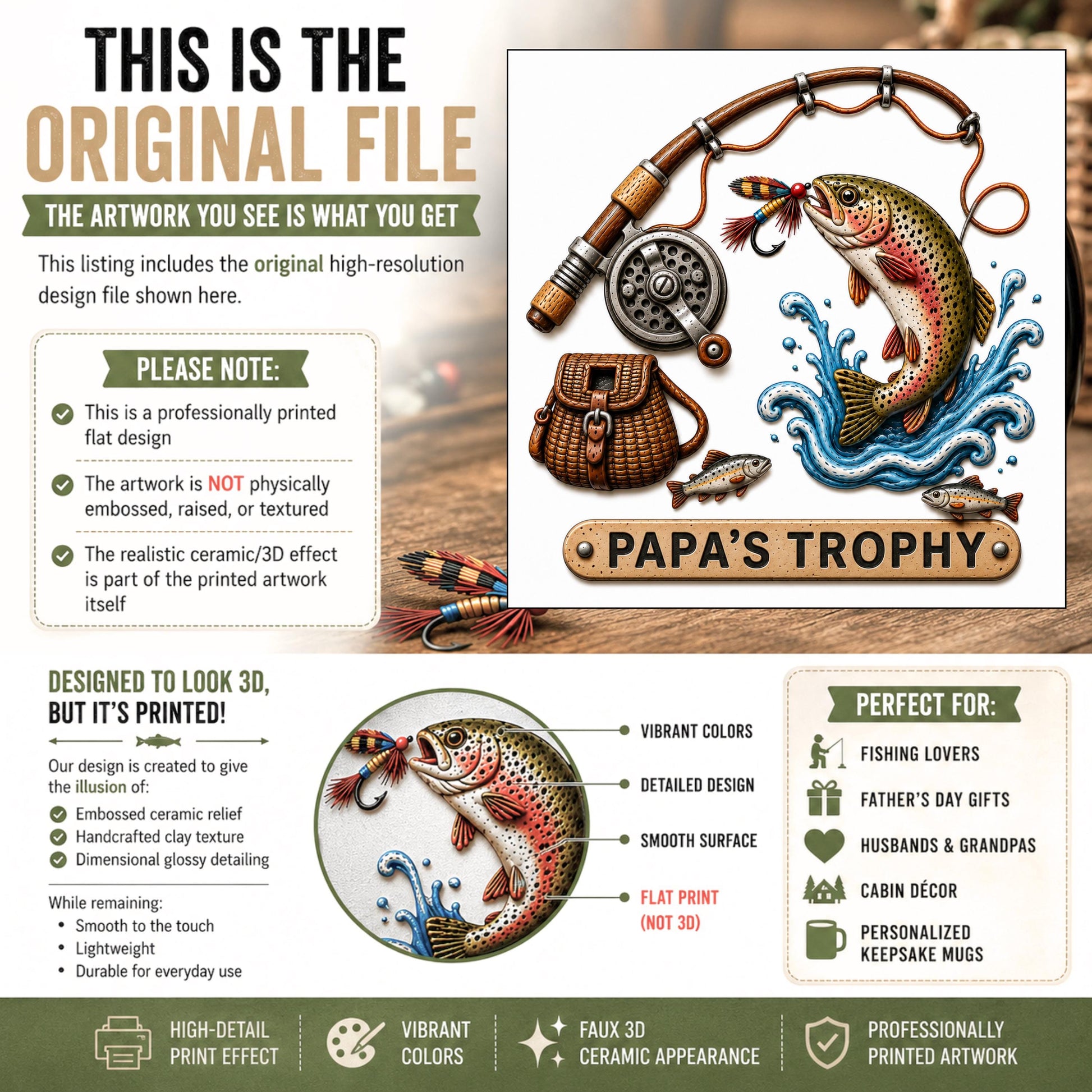 Fishing Mug for Dad, Fishing Lover Gift for Dad Coffee Mug Personalized Papa's Trophy Dad Husband, Camping and Hiking Outdoors Gifts
