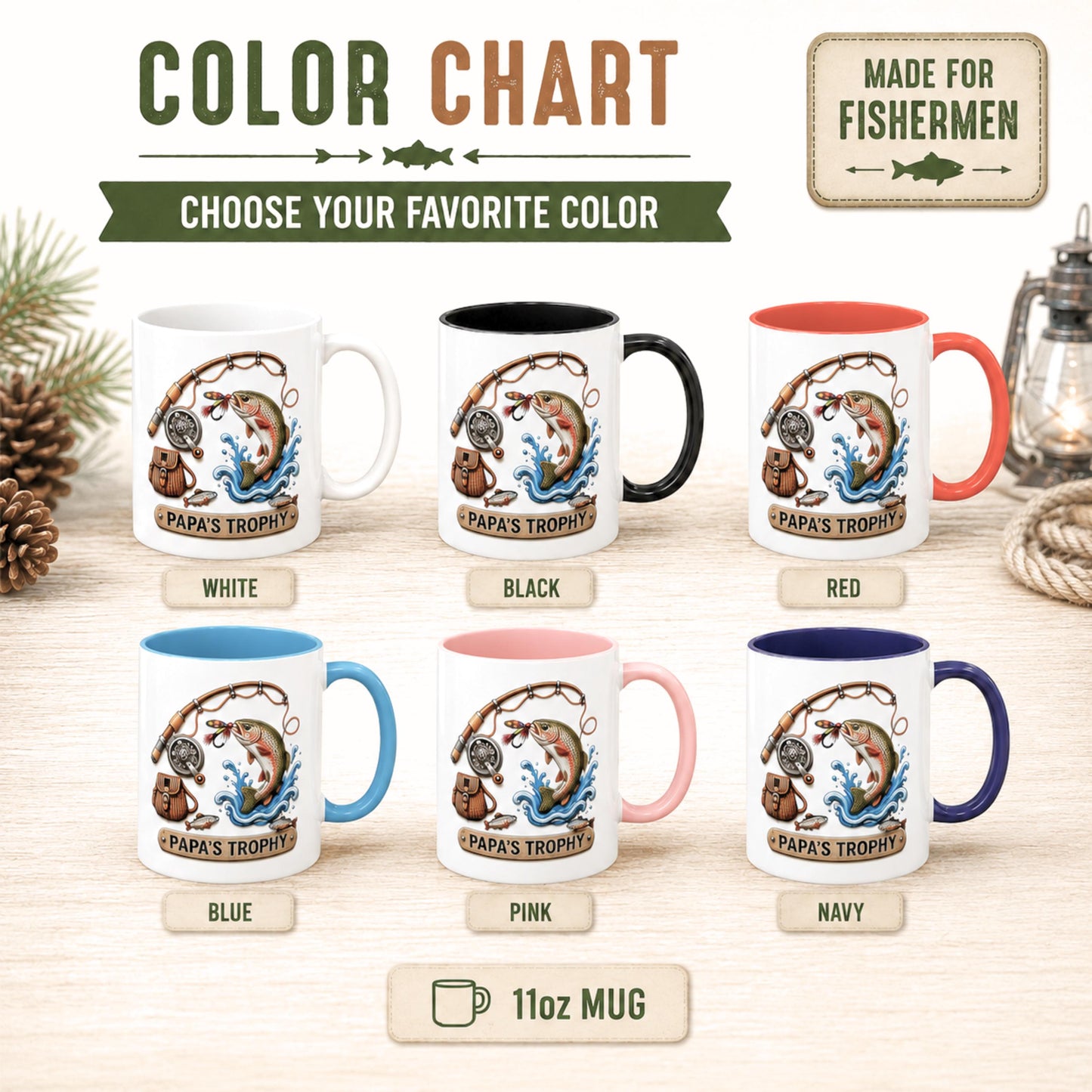 Fishing Mug for Dad, Fishing Lover Gift for Dad Coffee Mug Personalized Papa's Trophy Dad Husband, Camping and Hiking Outdoors Gifts