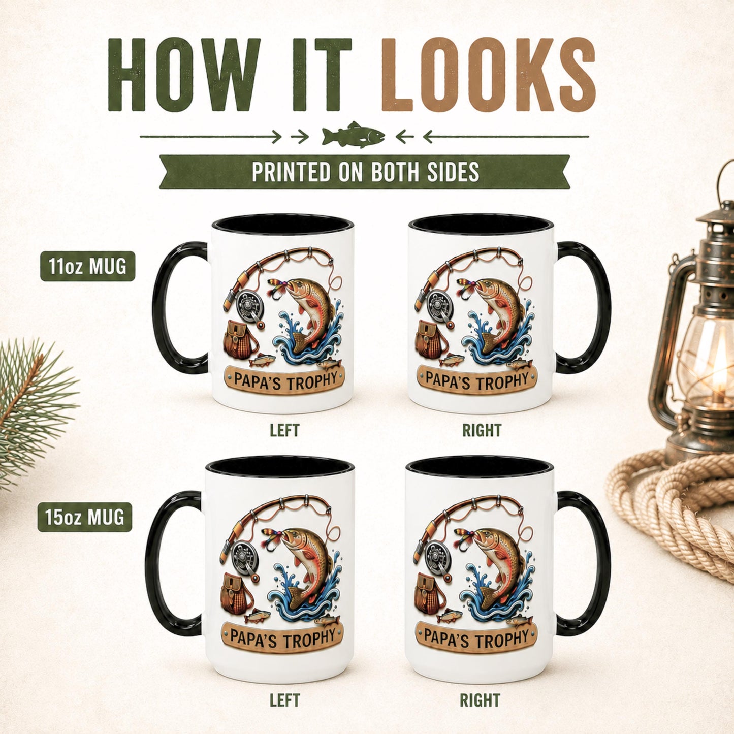 Fishing Mug for Dad, Fishing Lover Gift for Dad Coffee Mug Personalized Papa's Trophy Dad Husband, Camping and Hiking Outdoors Gifts