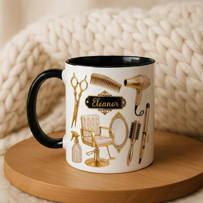 Personalized Hairstylist Mug Custom Name, Hairdresser Appreciation Gift, Gold Hair Stylist Coffee Cup Salon Owner Cosmetology Graduation