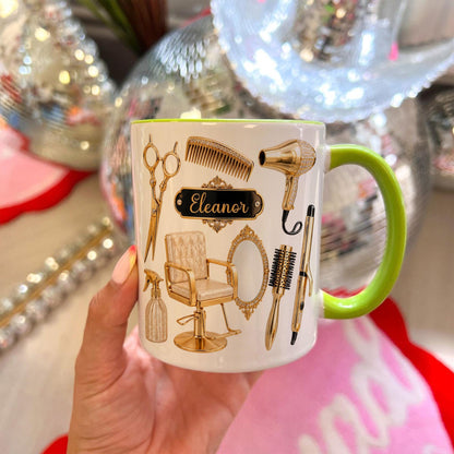 Personalized Hairstylist Mug Custom Name, Hairdresser Appreciation Gift, Gold Hair Stylist Coffee Cup Salon Owner Cosmetology Graduation