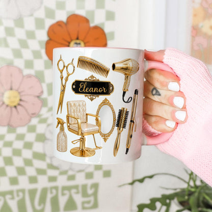 Personalized Hairstylist Mug Custom Name, Hairdresser Appreciation Gift, Gold Hair Stylist Coffee Cup Salon Owner Cosmetology Graduation