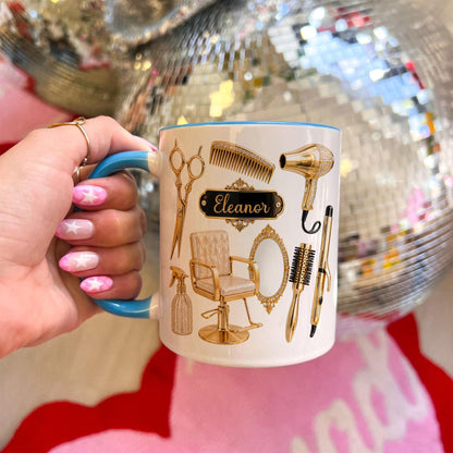 Personalized Hairstylist Mug Custom Name, Hairdresser Appreciation Gift, Gold Hair Stylist Coffee Cup Salon Owner Cosmetology Graduation