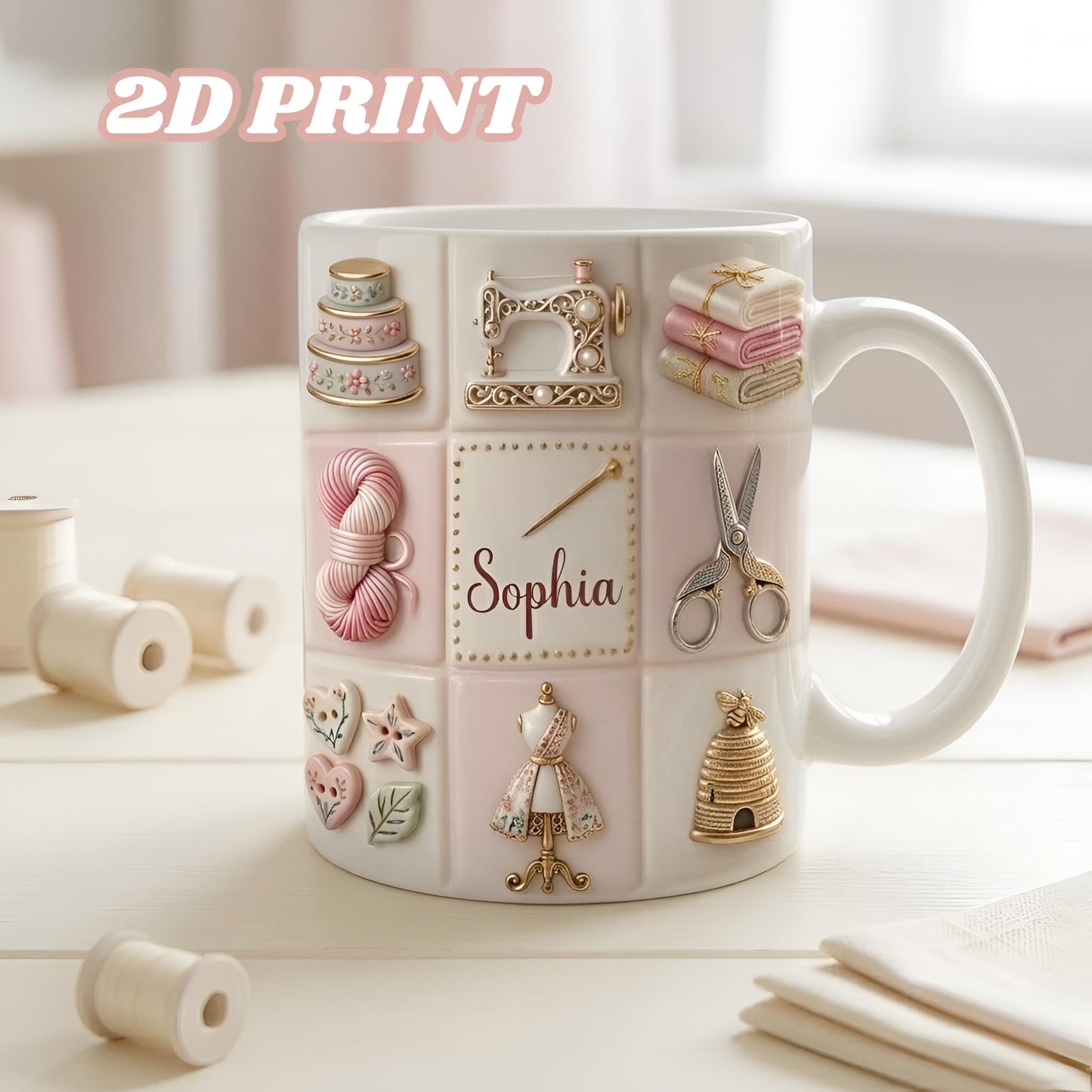 Personalized Quilting Ceramic Cup, Seamstress Tailor Hobby Gifts, 2D Print 3D Effect Mug For Her, GIFT 2026, Custom Sewing Coffee Mug