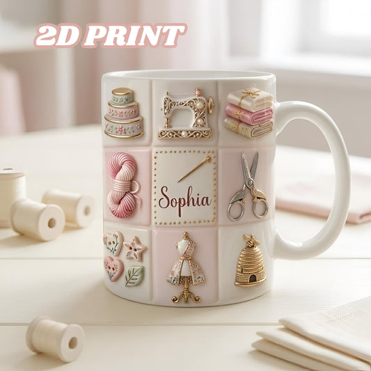 Personalized Quilting Ceramic Cup, Seamstress Tailor Hobby Gifts, 2D Print 3D Effect Mug For Her, GIFT 2026, Custom Sewing Coffee Mug