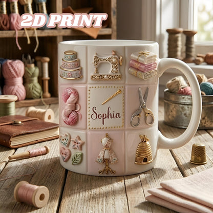 Personalized Quilting Ceramic Cup, Seamstress Tailor Hobby Gifts, 2D Print 3D Effect Mug For Her, GIFT 2026, Custom Sewing Coffee Mug
