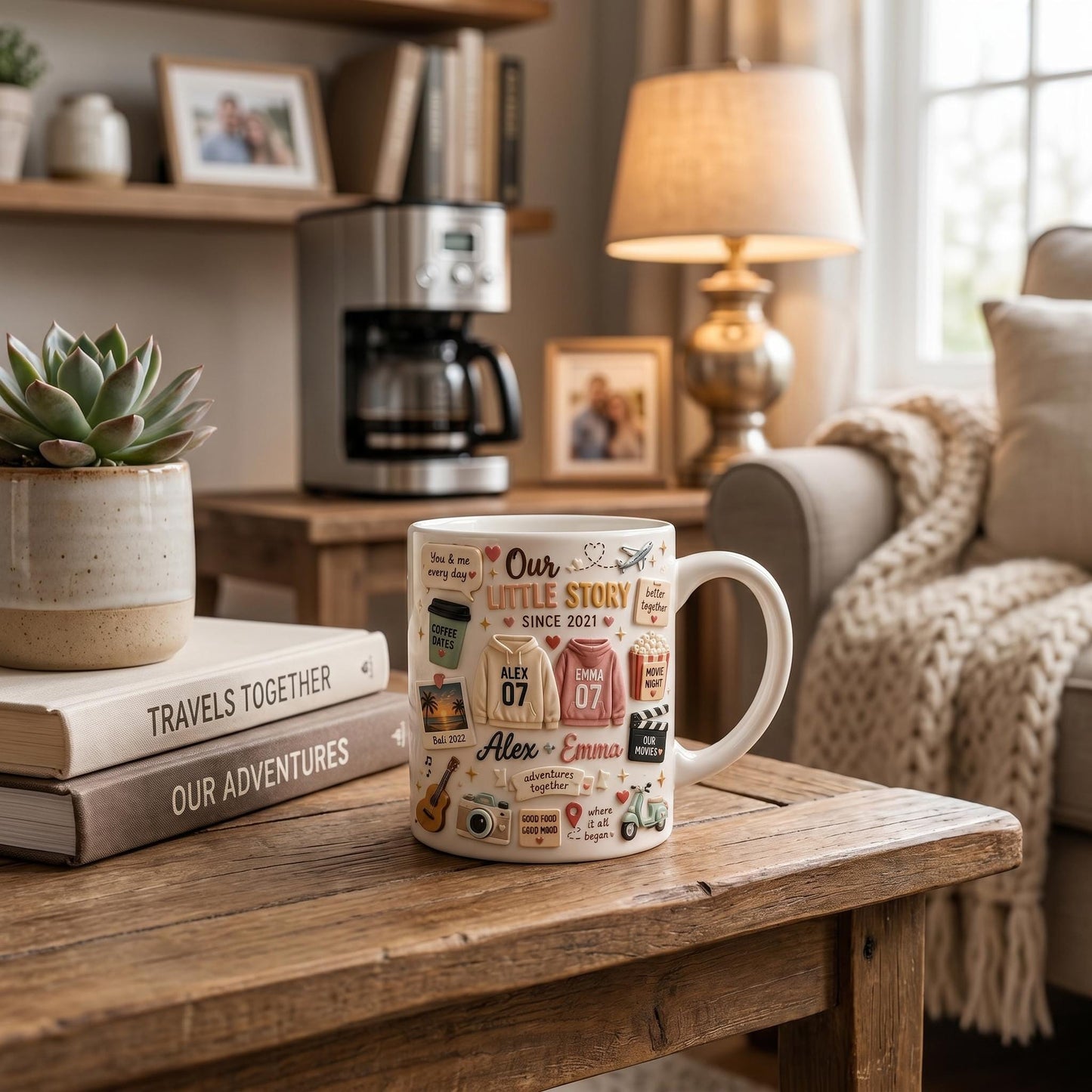 Custom 3D Effect Love Story Mug, Christmas Gift for Boyfriend Girlfriend, Personalized Couple Anniversary Cup, 3D Inflated Memory Scrapbook