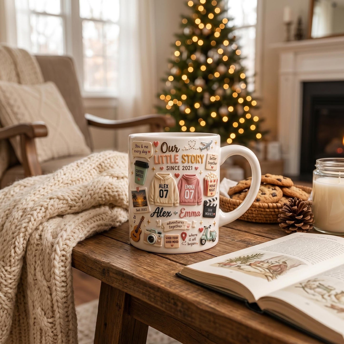 Custom 3D Effect Love Story Mug, Christmas Gift for Boyfriend Girlfriend, Personalized Couple Anniversary Cup, 3D Inflated Memory Scrapbook