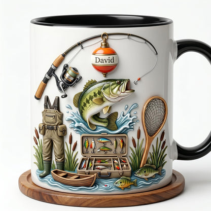 Custom Fishing Dad Mug, Personalized Bass Angler Gift, 3D Effect Tackle Box Fisherman Coffee Cup, Unique Fishing Rod Bobber Name Present